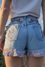 Short en jean décontracté brodé imprimé patchwork pour femmes