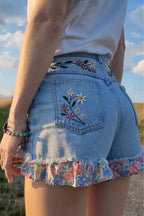 Short en jean décontracté brodé imprimé patchwork pour femmes