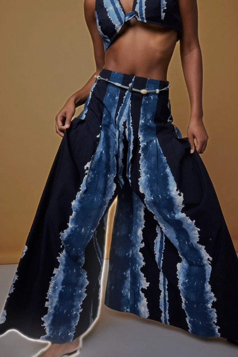Soutien-gorge court sans manches à col en V noué devant, à rayures tie-dye, pour femme ou pantalon palazzo taille haute à jambes larges