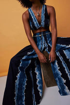 Soutien-gorge court sans manches à col en V noué devant, à rayures tie-dye, pour femme ou pantalon palazzo taille haute à jambes larges