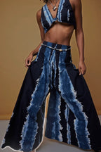Soutien-gorge court sans manches à col en V noué devant, à rayures tie-dye, pour femme ou pantalon palazzo taille haute à jambes larges