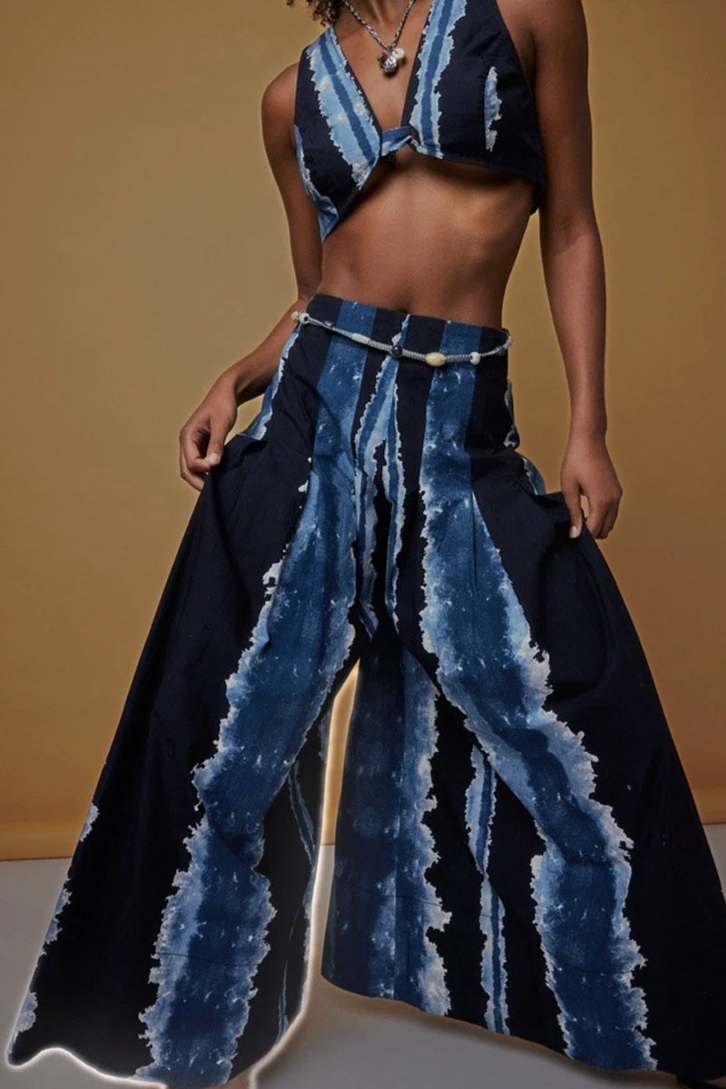 Soutien-gorge court sans manches à col en V noué devant, à rayures tie-dye, pour femme ou pantalon palazzo taille haute à jambes larges