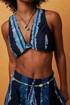 Soutien-gorge court sans manches à col en V noué devant, à rayures tie-dye, pour femme ou pantalon palazzo taille haute à jambes larges