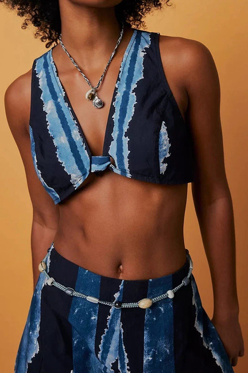 Soutien-gorge court sans manches à col en V noué devant, à rayures tie-dye, pour femme ou pantalon palazzo taille haute à jambes larges