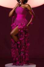 Robe courte chic et décontractée pour femme, ornée de strass magenta, de perles et de franges à pampilles, superposée de motifs floraux