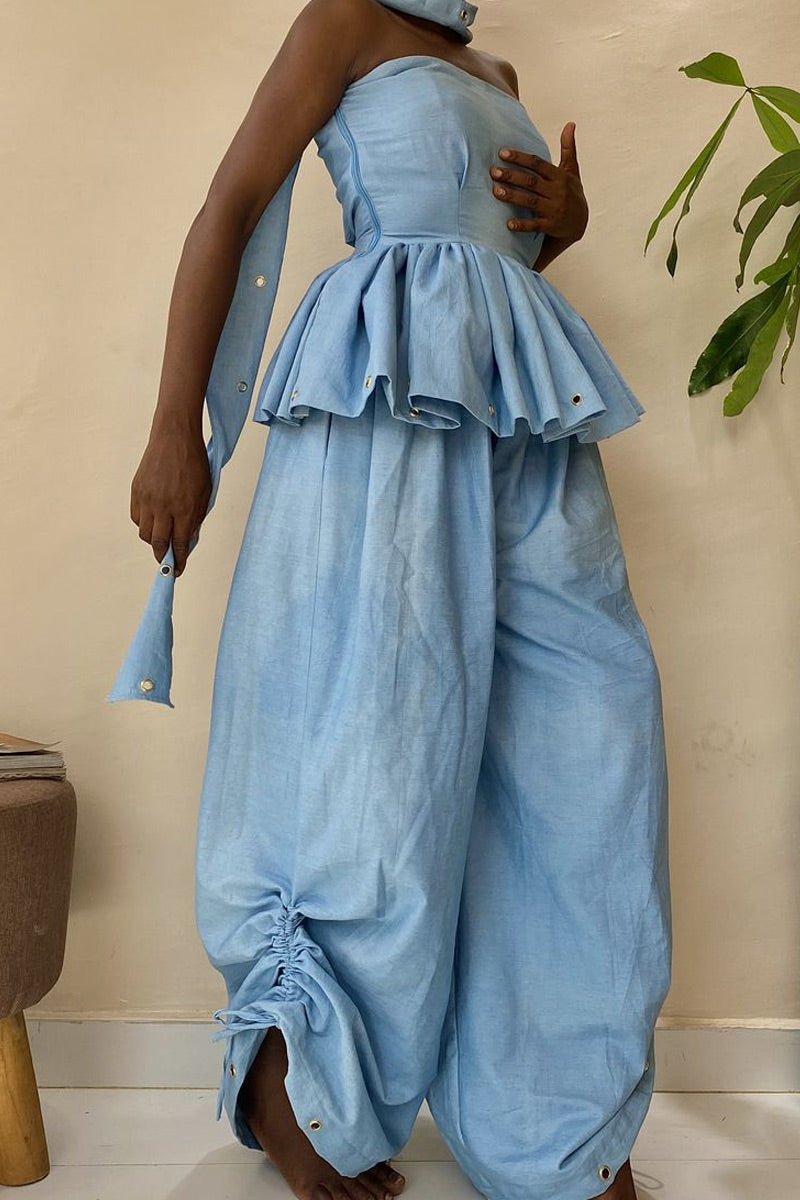 Haut à volants et lien à nouer avec œillets métalliques en mélange de lin léger pour femme ou pantalon ample froncé à la cheville assorti