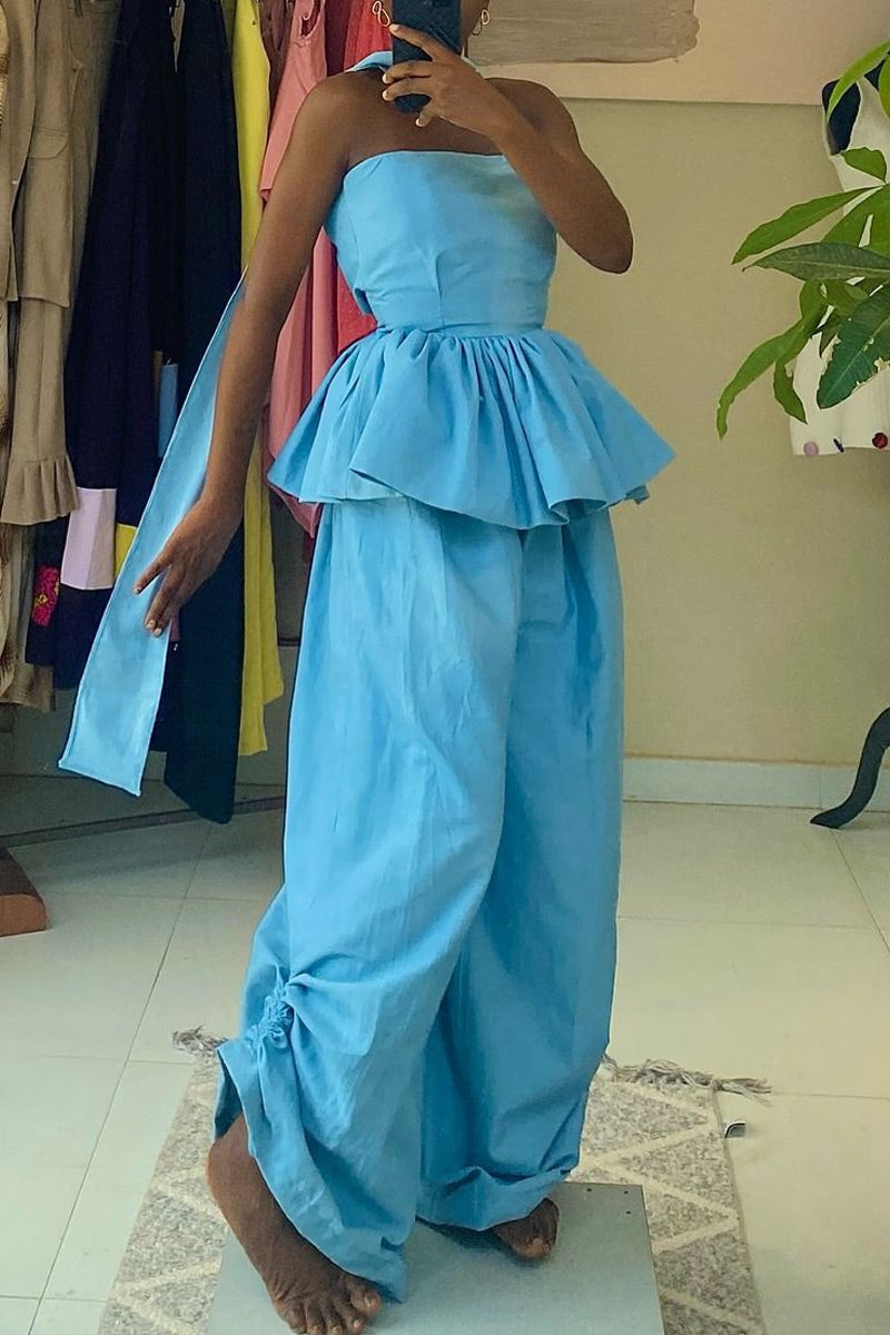 Haut à volants et lien à nouer avec œillets métalliques en mélange de lin léger pour femme ou pantalon ample froncé à la cheville assorti