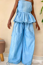 Haut à volants et lien à nouer avec œillets métalliques en mélange de lin léger pour femme ou pantalon ample froncé à la cheville assorti