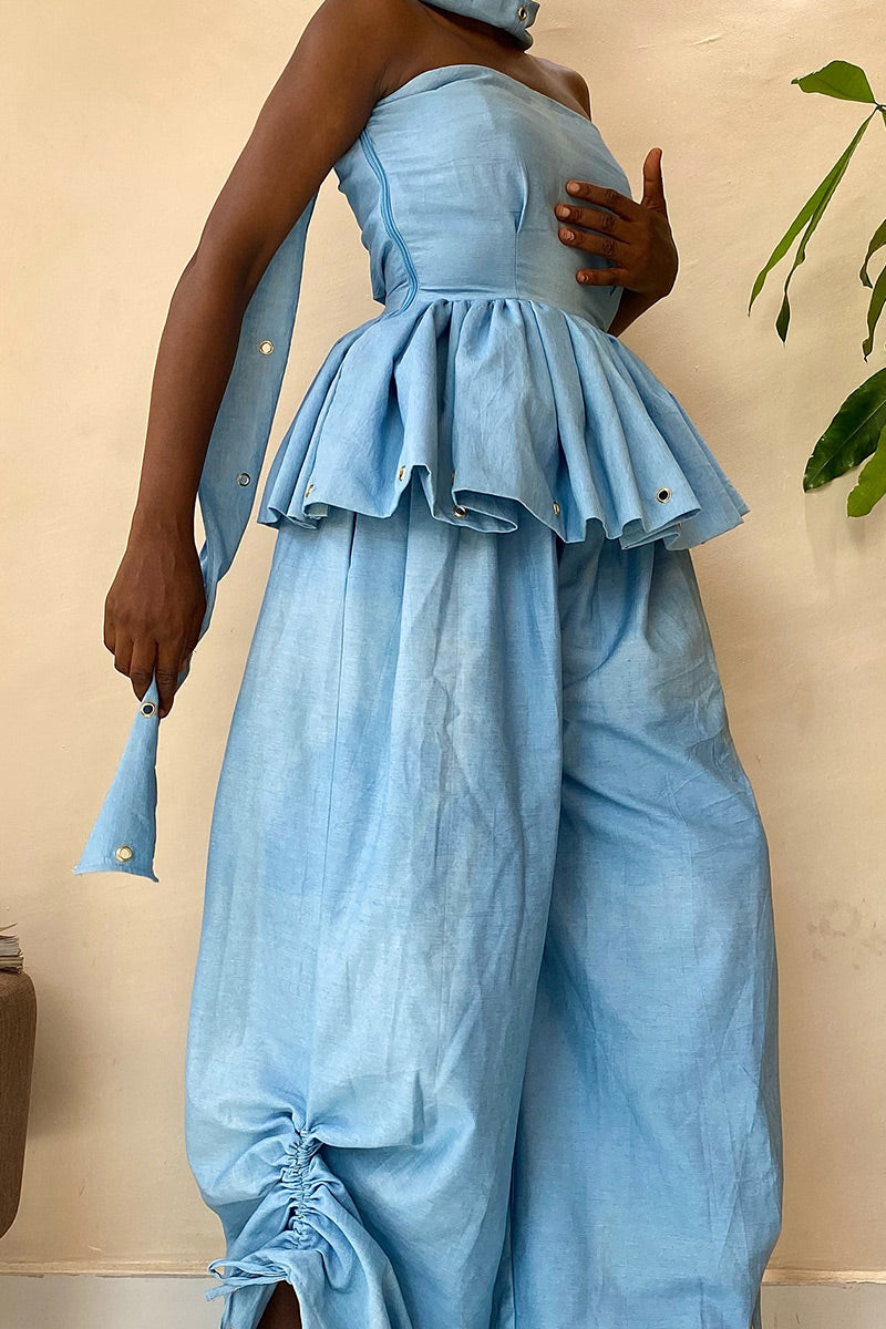 Haut à volants et lien à nouer avec œillets métalliques en mélange de lin léger pour femme ou pantalon ample froncé à la cheville assorti