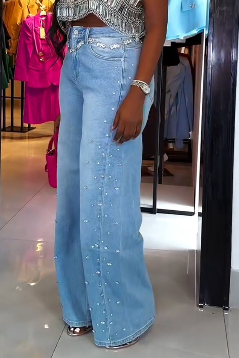 Jeans larges délavés décontractés pour femme avec strass