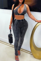 Haut court côtelé délavé à découpes ou Legging moulant taille haute pour femme