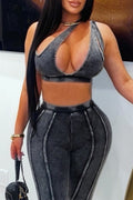 Haut court côtelé délavé à découpes ou Legging moulant taille haute pour femme