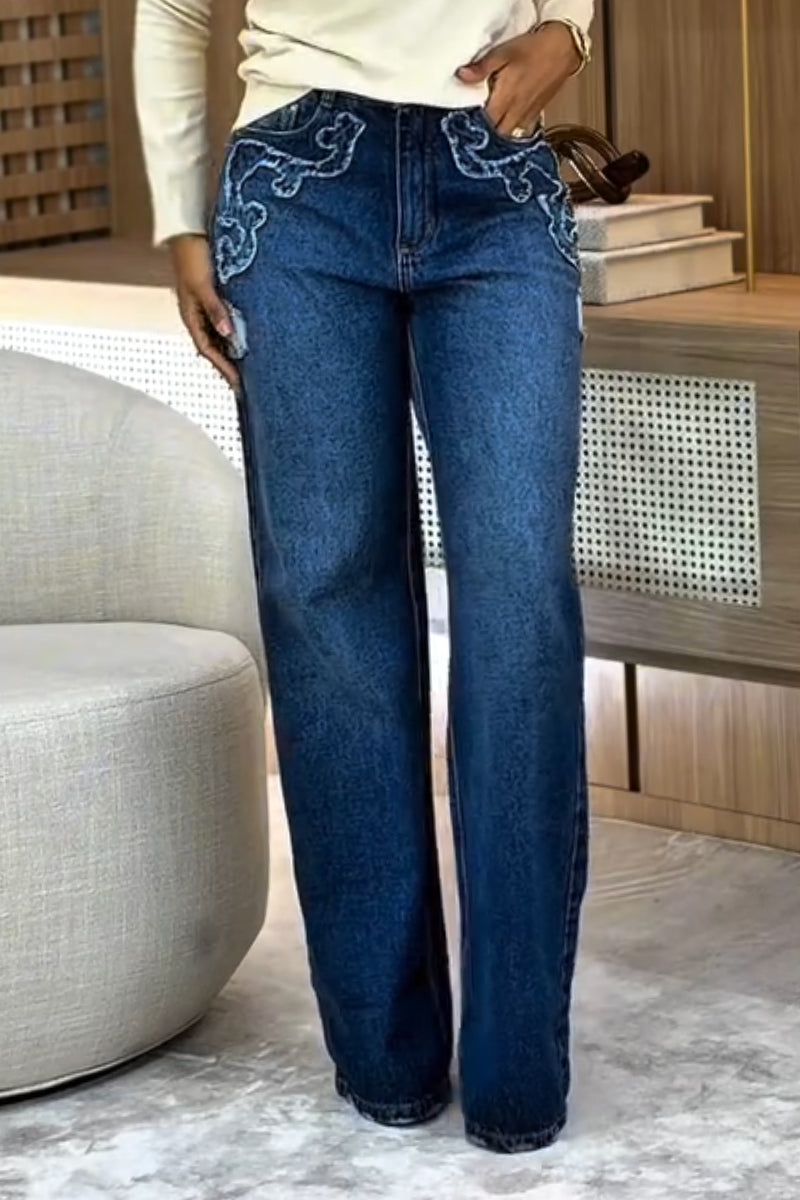 Jeans droits décontractés taille haute avec lavage pour femmes