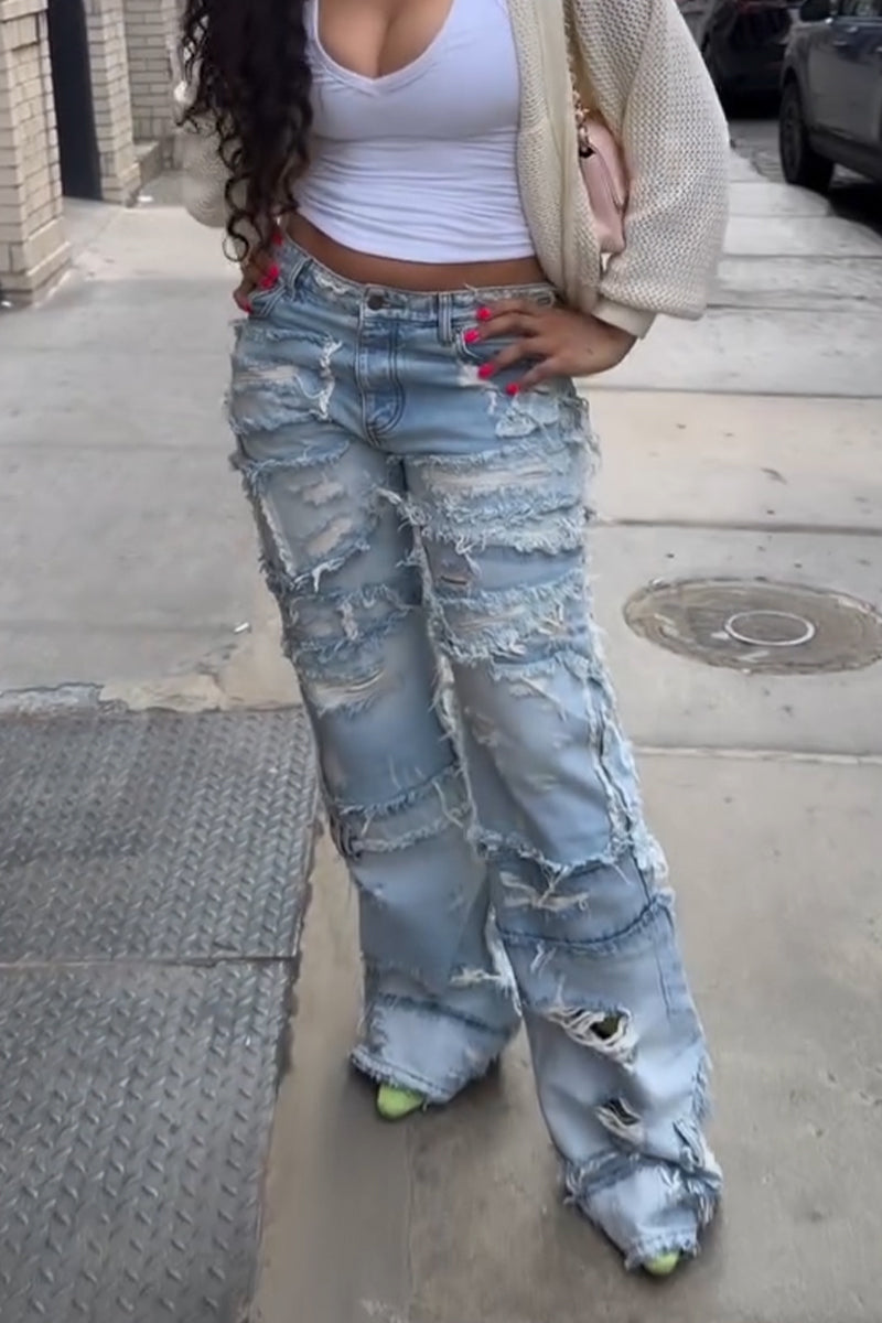 Jeans décontracté femme, coupe large, effet délavé et usé