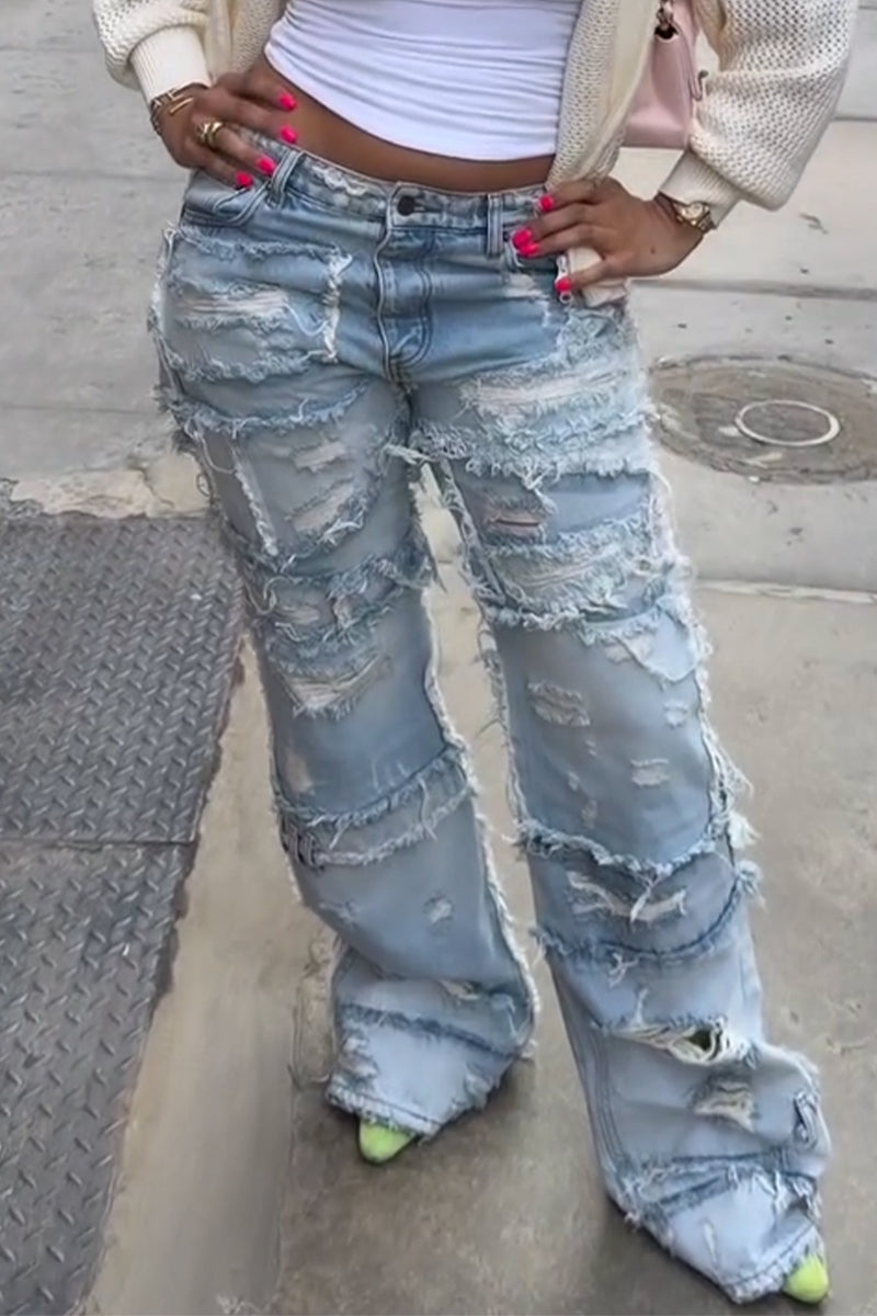 Jeans décontracté femme, coupe large, effet délavé et usé