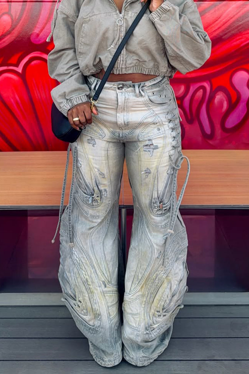 Pantalon décontracté large en jean pour femme avec délavage intensif