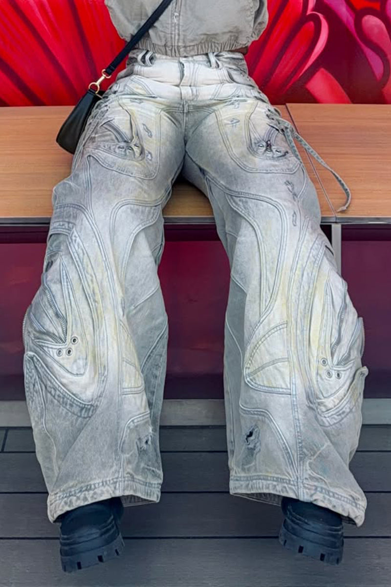 Pantalon décontracté large en jean pour femme avec délavage intensif