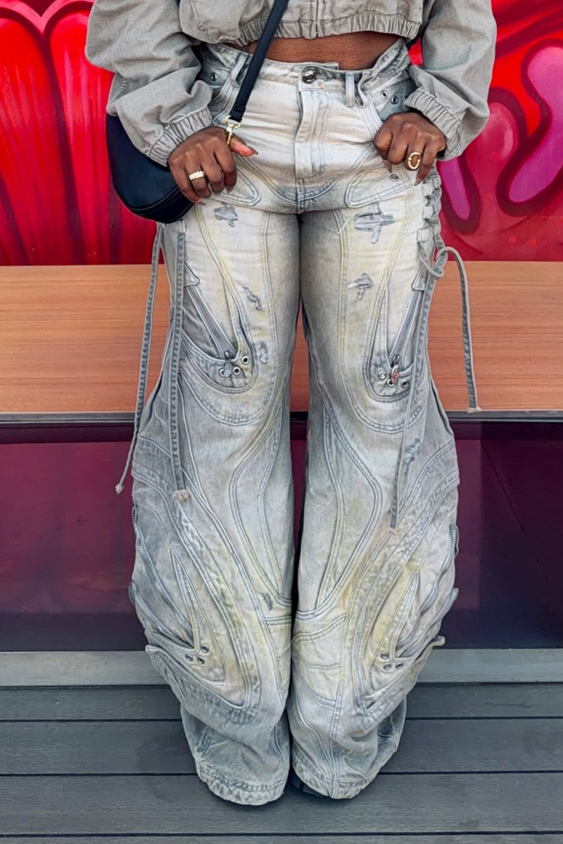 Pantalon décontracté large en jean pour femme avec délavage intensif