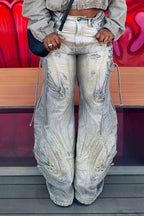 Pantalon décontracté large en jean pour femme avec délavage intensif