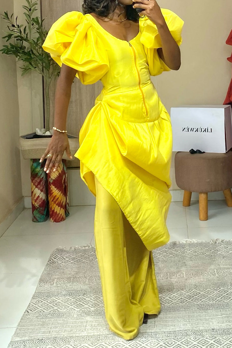 Haut corset jaune vif à épaules dénudées et manches bouffantes pour femmes OU pantalon large