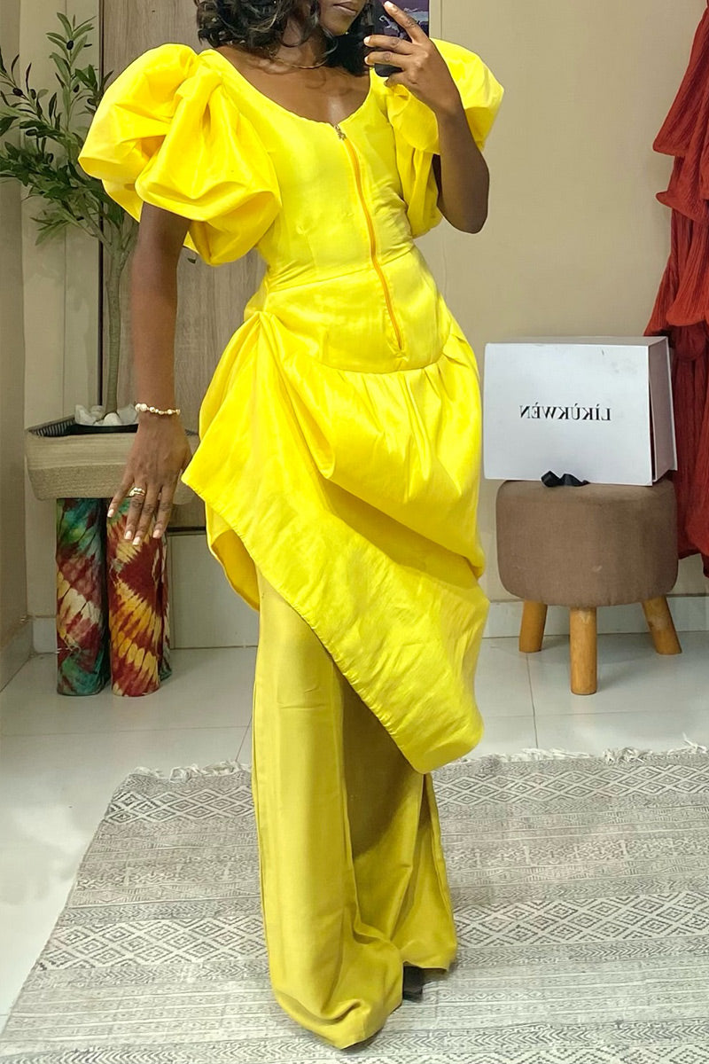 Haut corset jaune vif à épaules dénudées et manches bouffantes pour femmes OU pantalon large