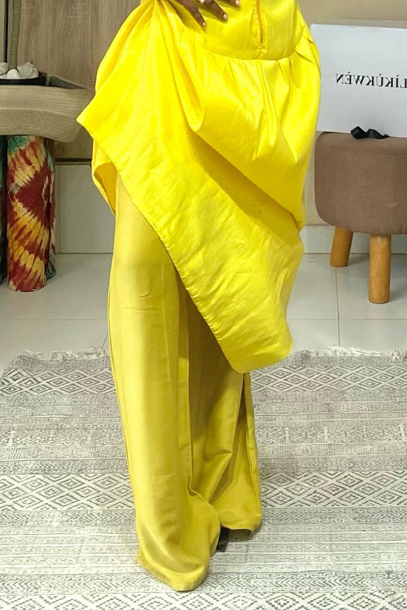 Haut corset jaune vif à épaules dénudées et manches bouffantes pour femmes OU pantalon large