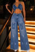 Haut court à encolure américaine en jean délavé clair pour femme avec bords effilochés OU jean ample taille haute à poches plaquées