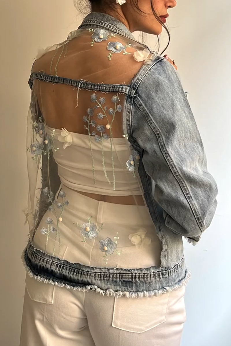 Veste en jean décontractée pour femme avec col, empiècements, motif floral et transparence