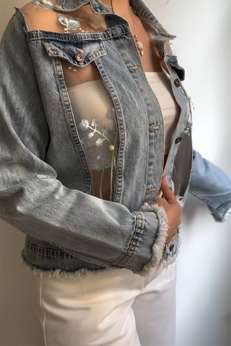 Veste en jean décontractée pour femme avec col, empiècements, motif floral et transparence
