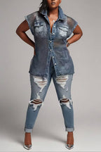 Chemise décontractée en jean délavé sans manches boutonnée à col pour femme avec empiècements en maille