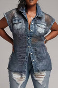 Chemise décontractée en jean délavé sans manches boutonnée à col pour femme avec empiècements en maille