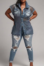 Chemise décontractée en jean délavé sans manches boutonnée à col pour femme avec empiècements en maille