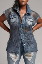 Chemise décontractée en jean délavé sans manches boutonnée à col pour femme avec empiècements en maille