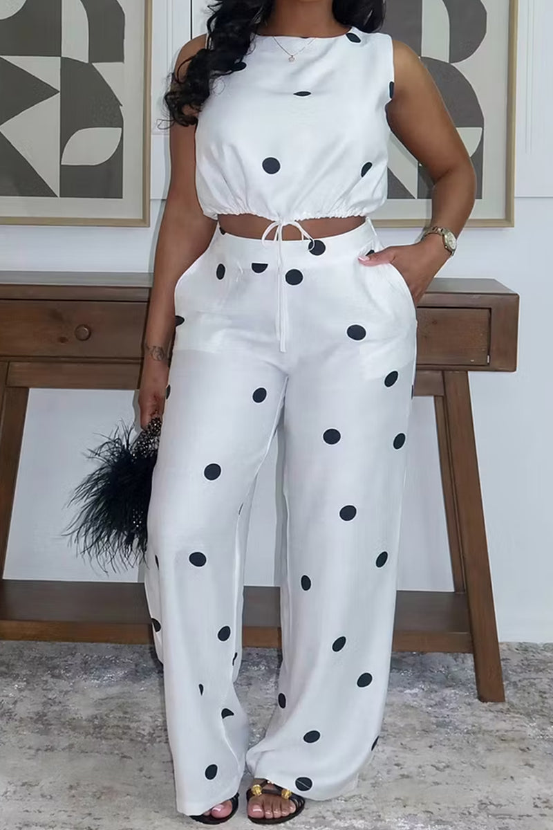 Haut court imprimé à volants avec lien à la taille pour femmes, idéal pour les trajets quotidi, ou Pantalon large imprimé avec poches
