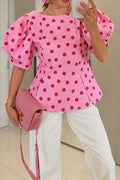 Haut péplum moulant rose décontracté pour femme à manches courtes bouffantes et pois contrastants