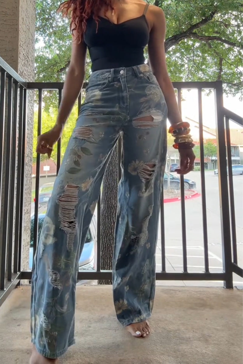 Jeans large imprimé déchiré délavé décontracté pour femmes