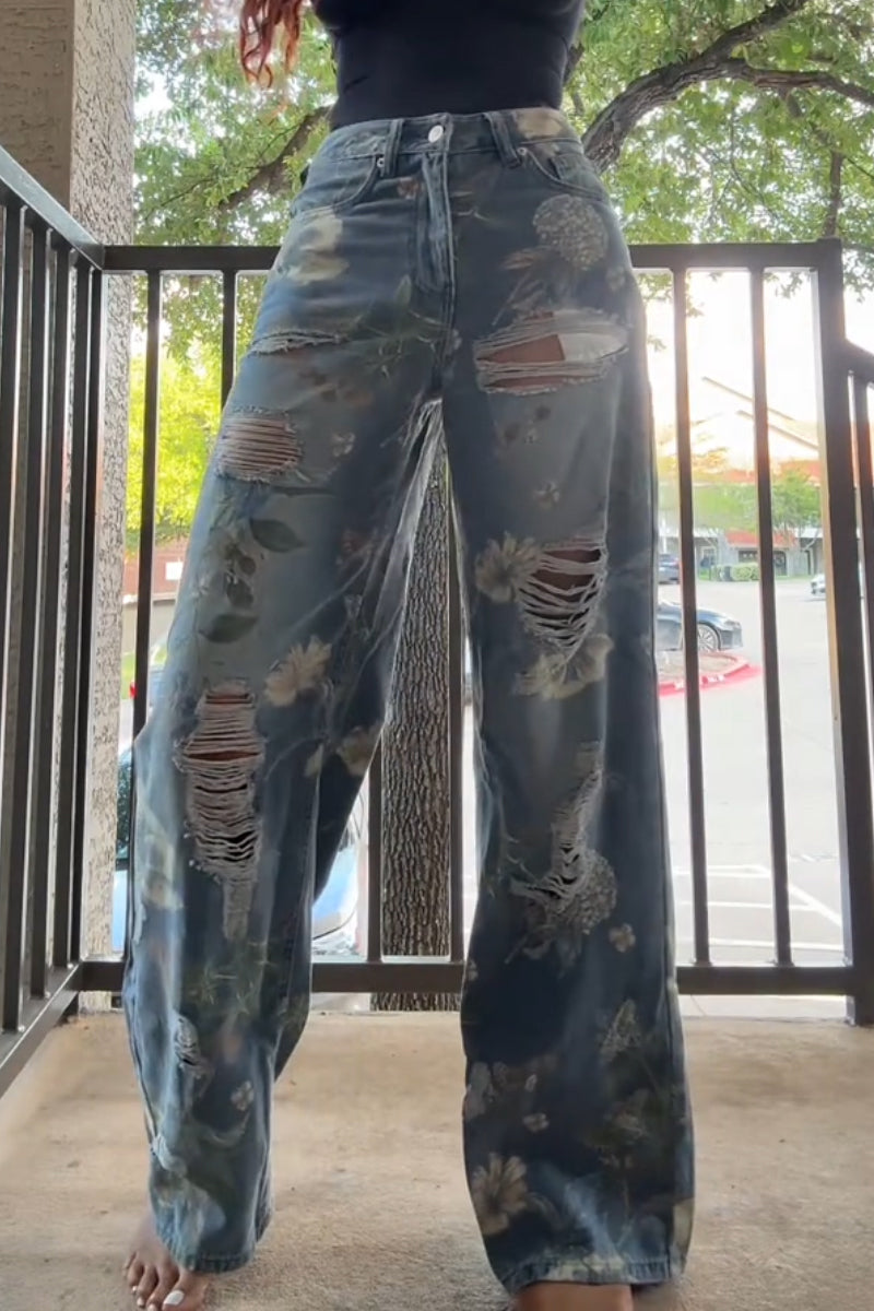 Jeans large imprimé déchiré délavé décontracté pour femmes