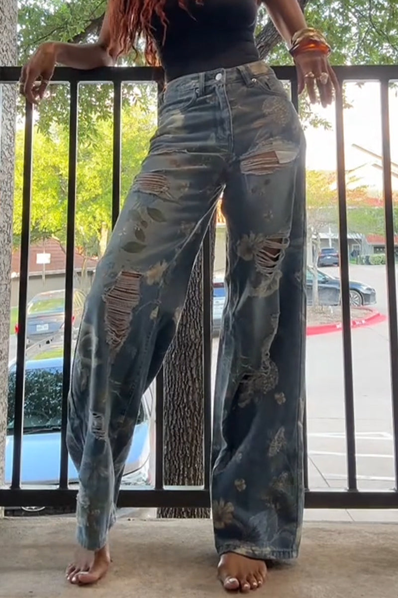 Jeans large imprimé déchiré délavé décontracté pour femmes