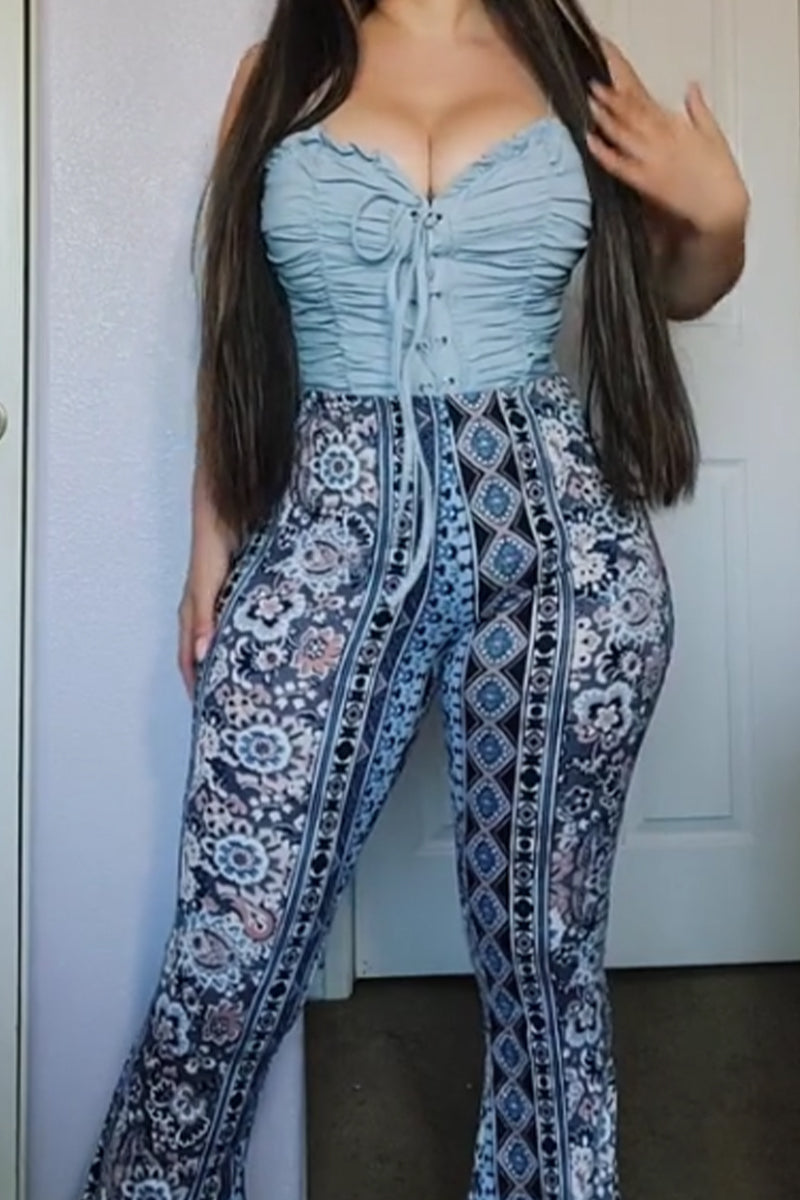 Combinaison plissée à lacets pour femmes ou jean skinny imprimé