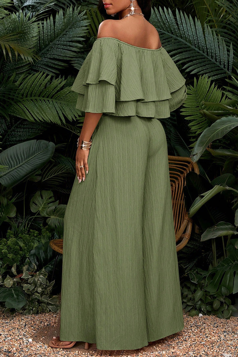 Haut court à épaules dénudées et double volant texturé froissé pour femme ou pantalon palazzo ample et froissé à taille haute et jambes larges