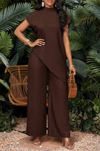 Haut Tunique Asymétrique Fendu Ample à Col Montant et Manches Courtes pour Femme Ou Pantalon Large Fluide Texturé Crêpé à Taille Haute
