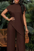 Haut Tunique Asymétrique Fendu Ample à Col Montant et Manches Courtes pour Femme Ou Pantalon Large Fluide Texturé Crêpé à Taille Haute
