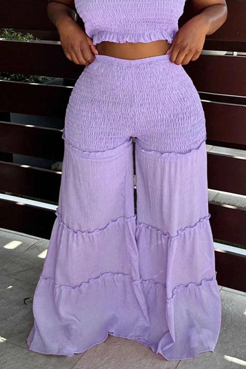 Haut tube court smocké sans bretelles à bord volanté pour femme ou pantalon ample évasé à taille haute froncée à volants étagés
