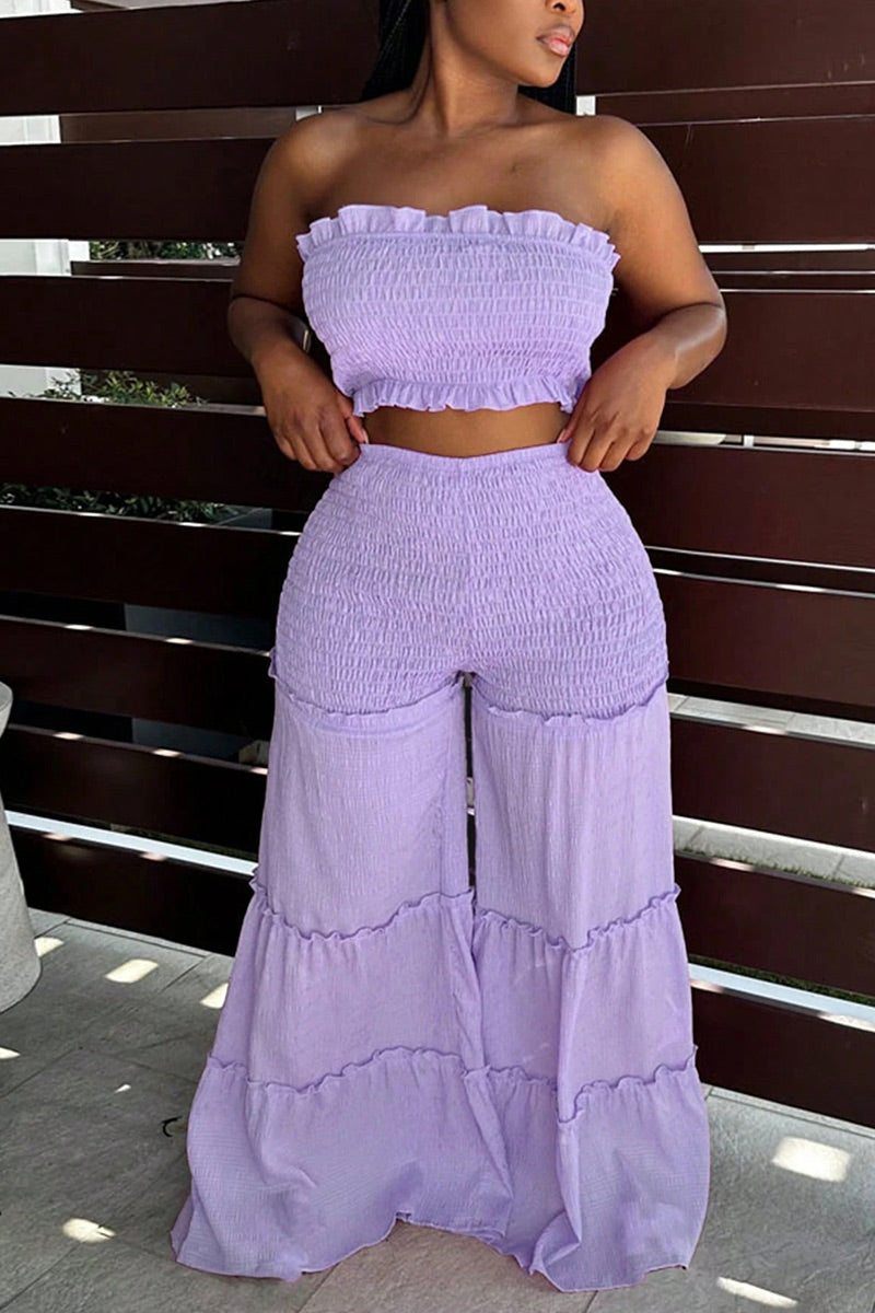 Haut tube court smocké sans bretelles à bord volanté pour femme ou pantalon ample évasé à taille haute froncée à volants étagés