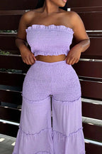 Haut tube court smocké sans bretelles à bord volanté pour femme ou pantalon ample évasé à taille haute froncée à volants étagés