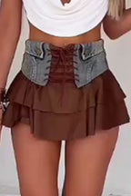 Haut court plissé à licou pour femme ou mini-jupe en jean patchwork à lacets