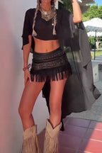 Haut de vacances ample pour femme, avec ourlet asymétrique, ou short avec ceinture et pampilles