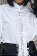 Haut deux pièces pour femme de style banlieue avec strass et bords effilochés ou jupe courte moulante avec ourlet effiloché