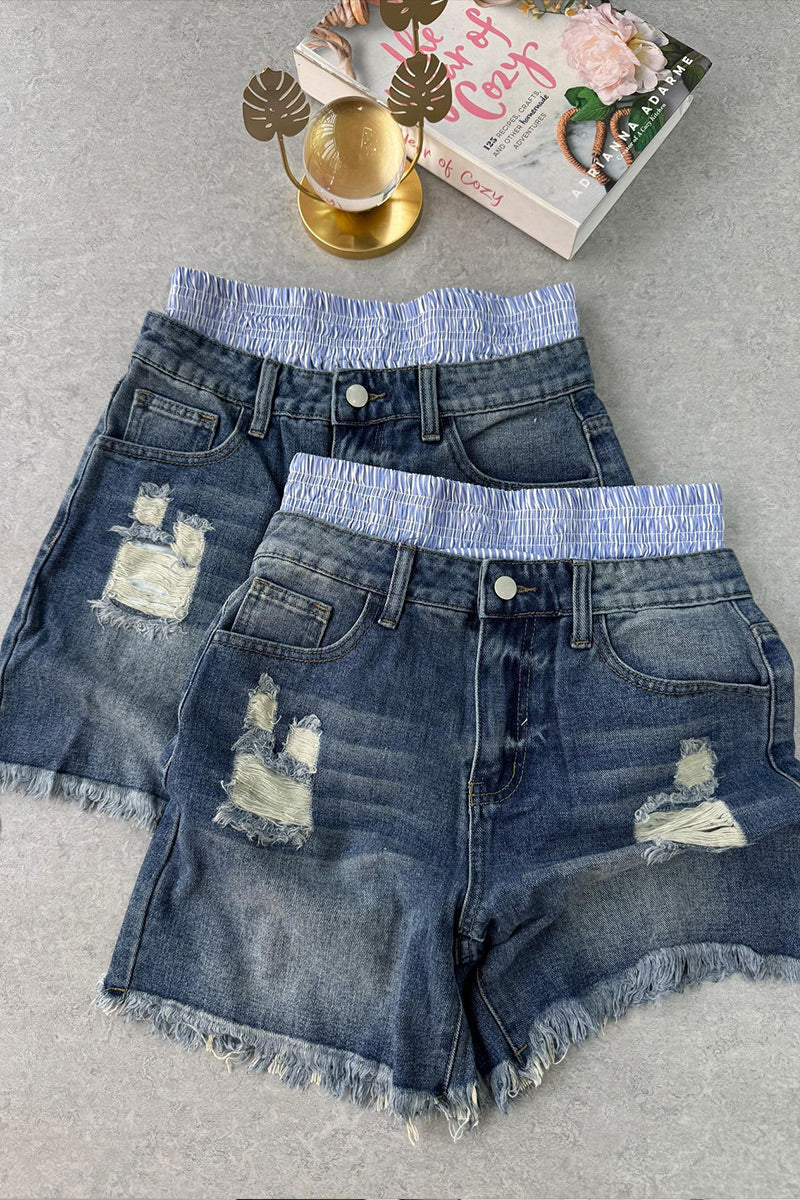 Short en jean pour femme à double épaisseur, taille élastique, déchiré et ourlet effiloché