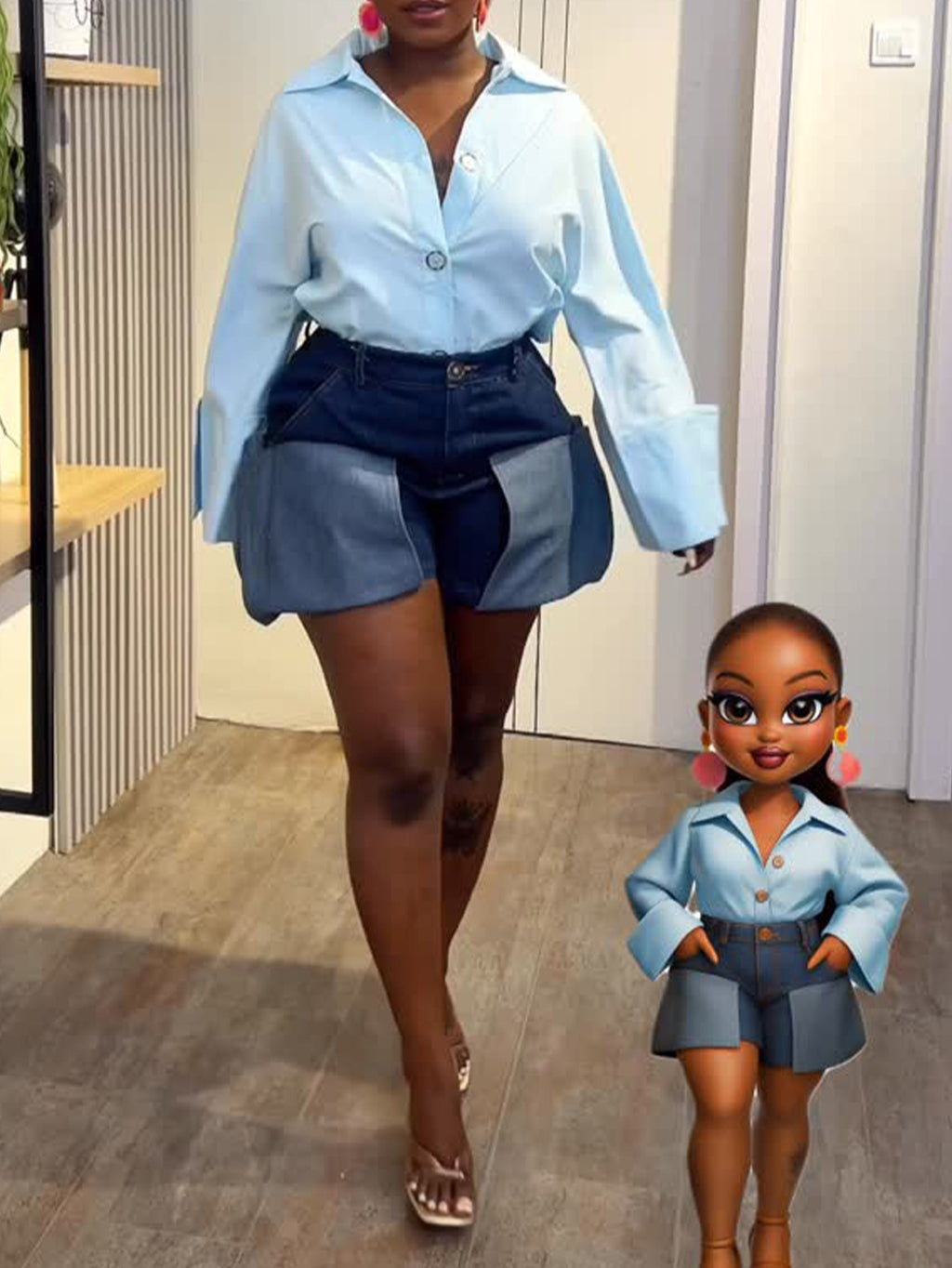 Short en jean foncé à poches à rabat superposées et coupe ample pour femme